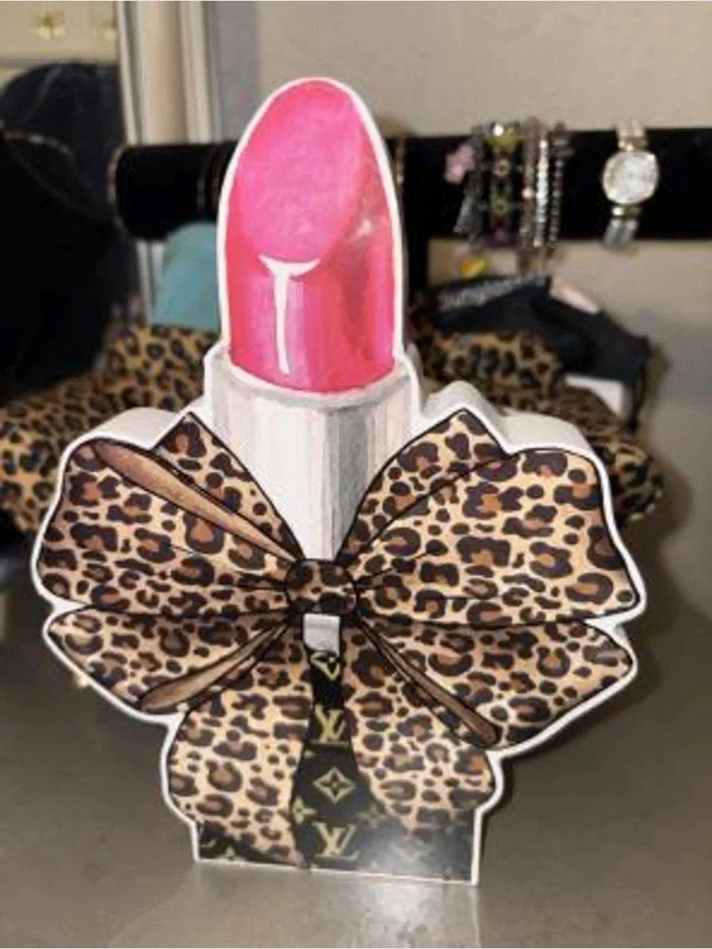 Leopard Bow Lipstick Wooden Closet Decor Standee | Shelf Decor | Chic Vanity